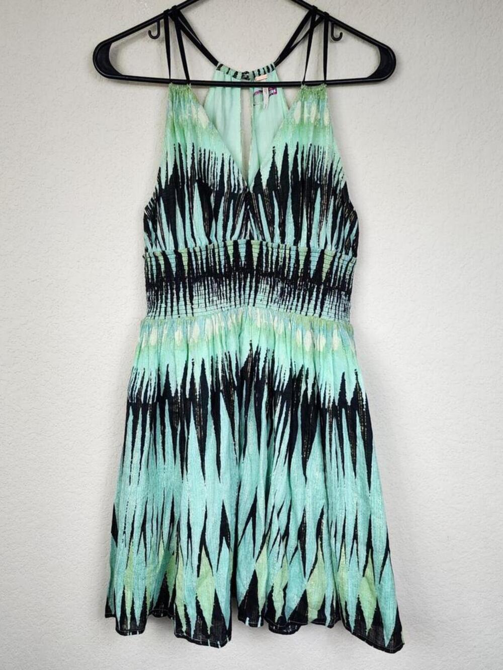 Free People Black Green Mini Metallic Fit Flare Dress